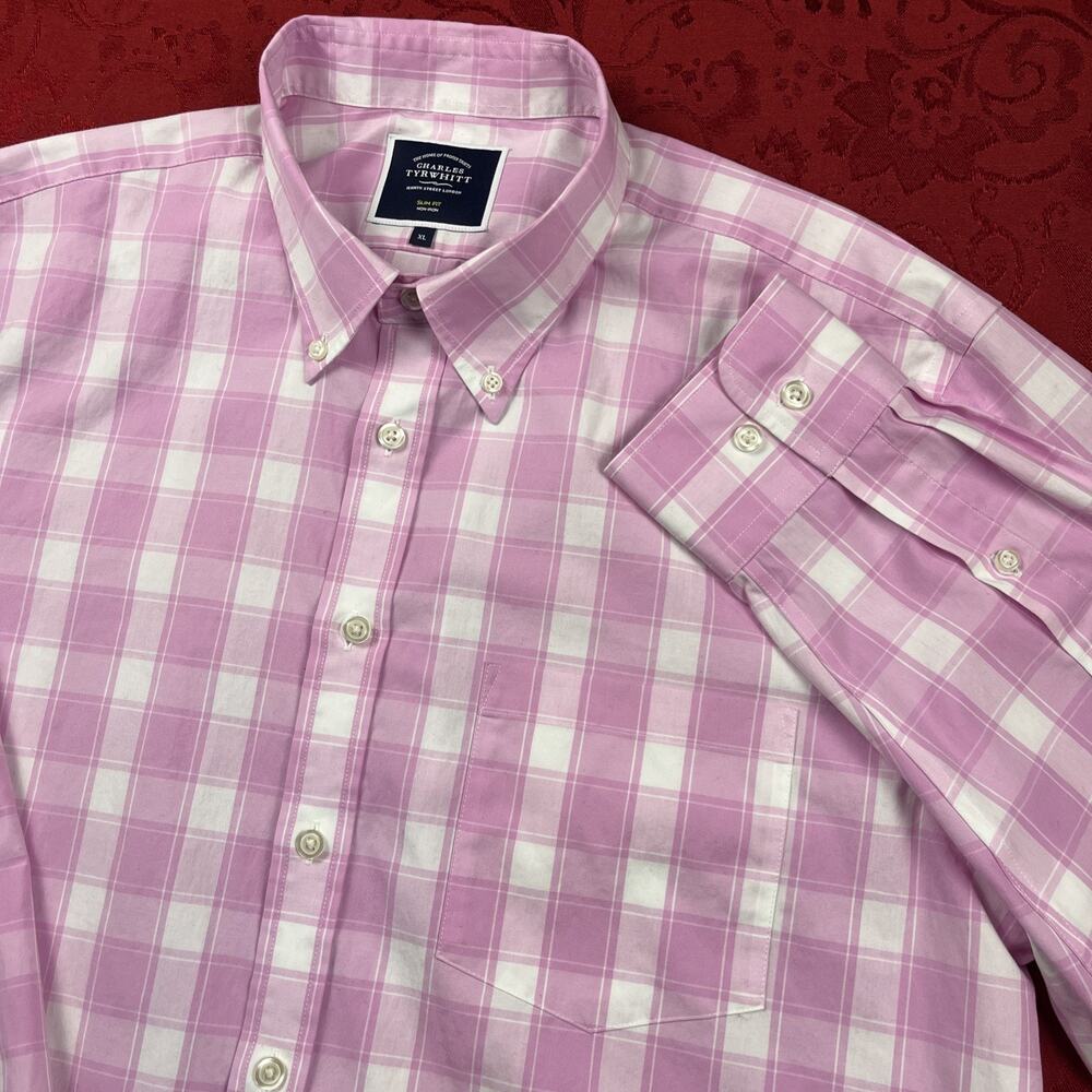 Charles Tyrwhitt Non Iron Slim Fit Plaid Button Down Shirt Mens XL Pink Gingham